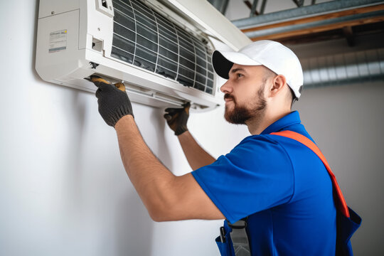 HVAC technician installing a mini split air conditioner in Bountiful