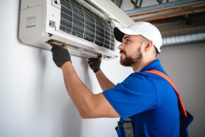 360_F_621046421_Vcay4nYa8ozdeodOQVDfES6MRrC6N3b8 Air conditioning technician servicing a wall-mounted AC unit in Bountiful, UT