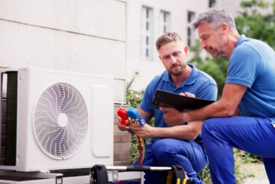ac-installation-in-claremont-ca HVAC technicians reviewing an outdoor air conditioning unit in Bountiful, UT